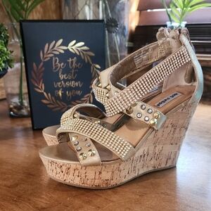 Gold Rhinestone Cork Wedge Sandals